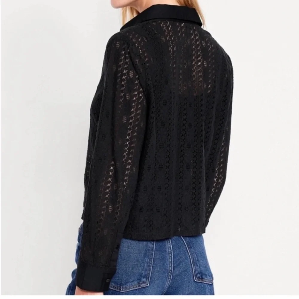 Old Navy Crochet Knit Button Up Black Womens's L Long Sleeve Collared NEW - Picture 2 of 6